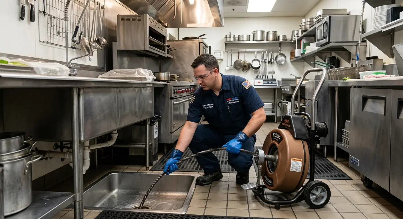 Commercial drain cleaning service in a restaurant kitchen in Bryans Road