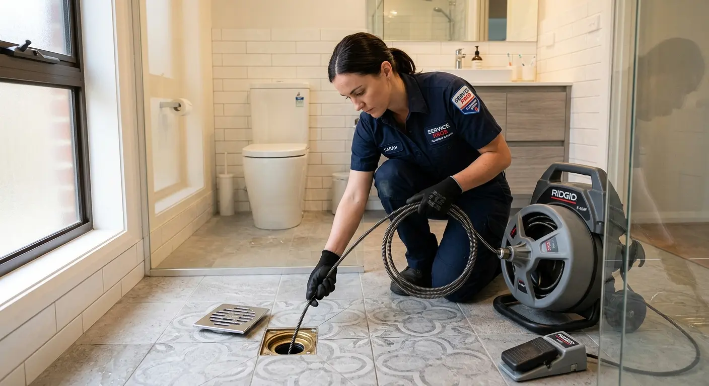 Technician clearing a bathroom floor drain for Hydro Jetting in Bryans Road